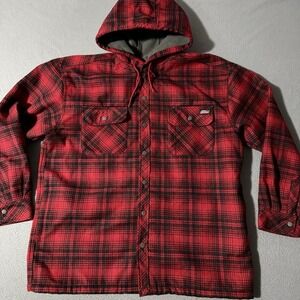 Dickies Fleece Lined Hooded Shirt Jacket Men XXL Red Black Pockets Snap‎ Work